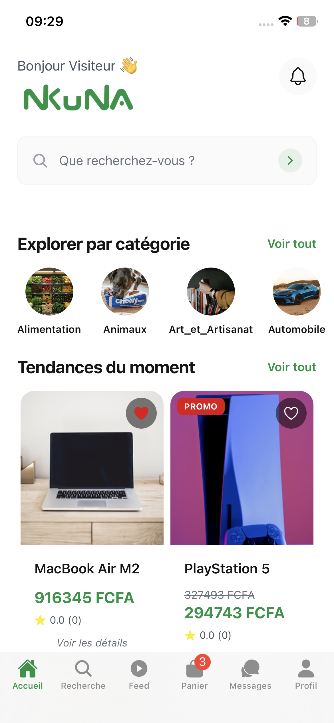 Écran d'accueil de l'application Nkuna