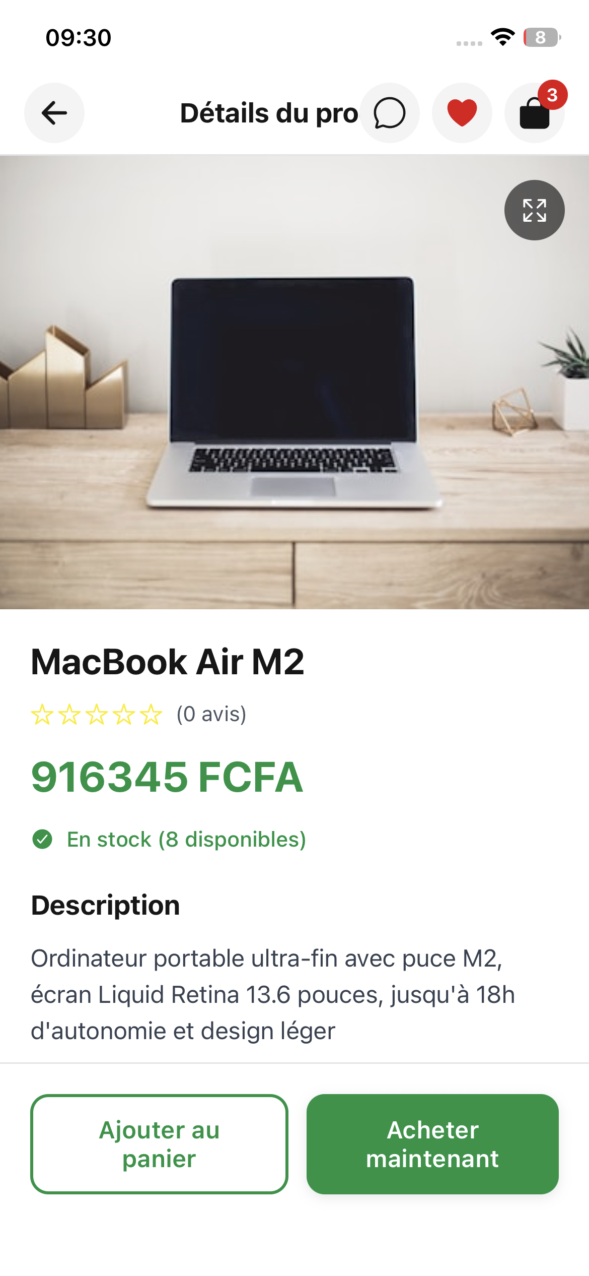 Détails d'un produit sur l'application Nkuna