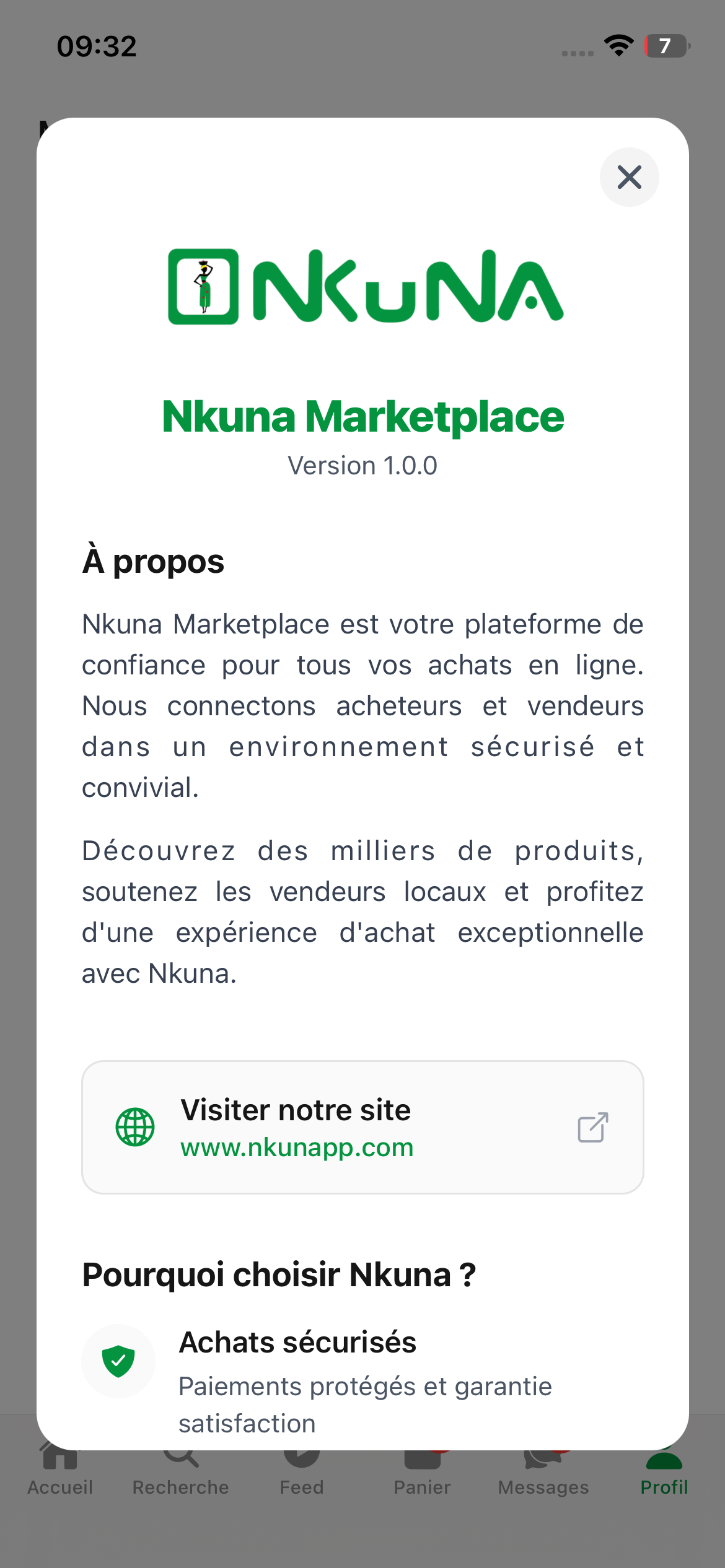 Page à propos de l'application Nkuna